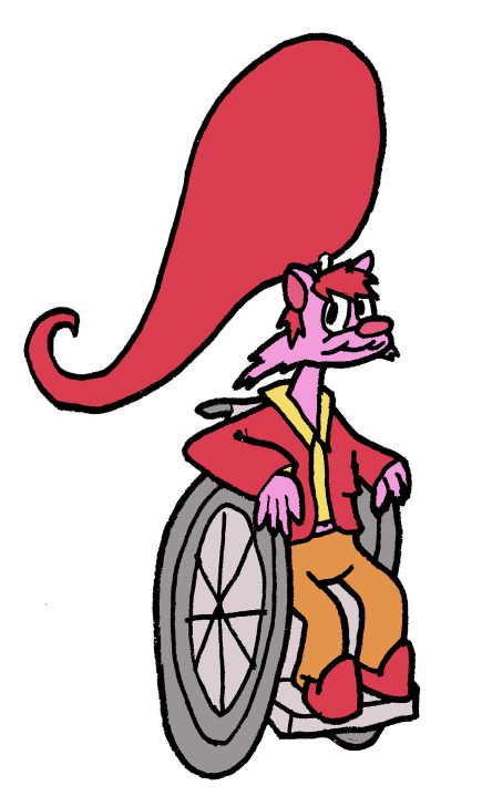 A pink furred bear girl in a wheelchair--she has an enormous ponytail with red hair, as well as a red jacket and is showing some midriff.